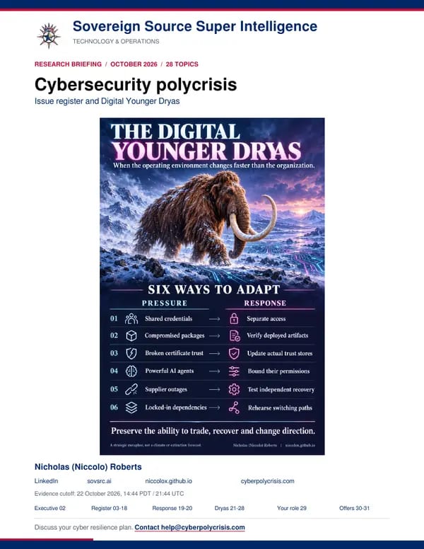 Cover of the Cybersecurity polycrisis report, featuring the Digital Younger Dryas woolly mammoth infographic.